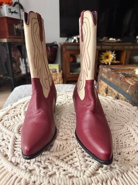 Two-Tone Burgundy and Cream Western Ankle Boots